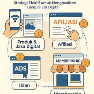 Ilustrasi strategi monetisasi bisnis online, menampilkan ikon produk digital, afiliasi, iklan, dan membership, dengan simbol uang dan elemen digital.