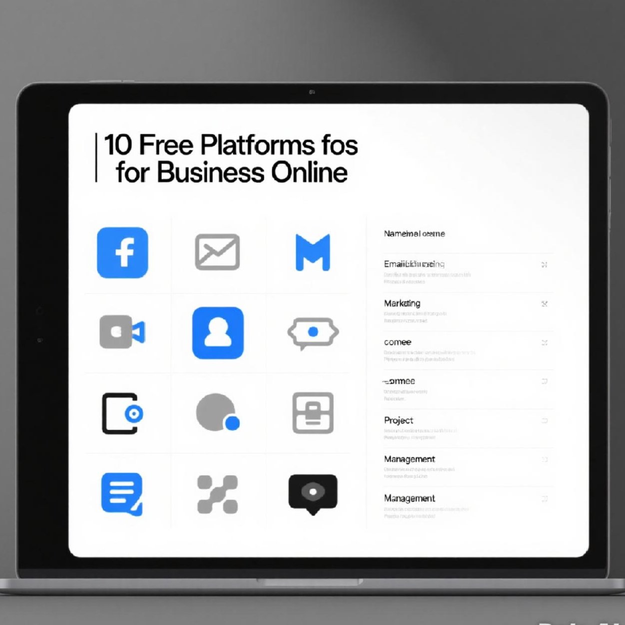 Tampilan tablet menunjukkan 10 platform gratis untuk bisnis online dengan ikon media sosial, email, pemasaran, dan manajemen proyek