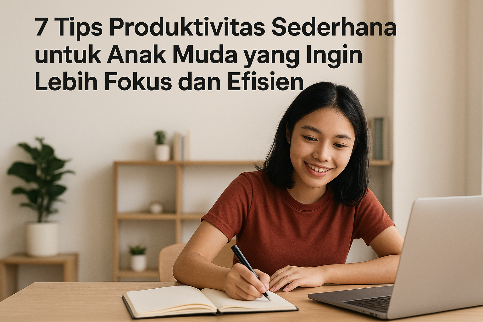 Seorang anak muda sedang belajar sambil menulis di buku dan bekerja dengan laptop di meja, menggambarkan tips produktivitas