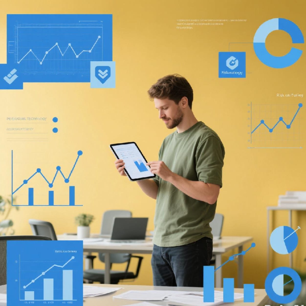 Pria kemeja hijau sedang menganalisis grafik data bisnis pada tablet di ruangan kantor yang cerah, dengan banyak visualisasi data di dinding dan meja.