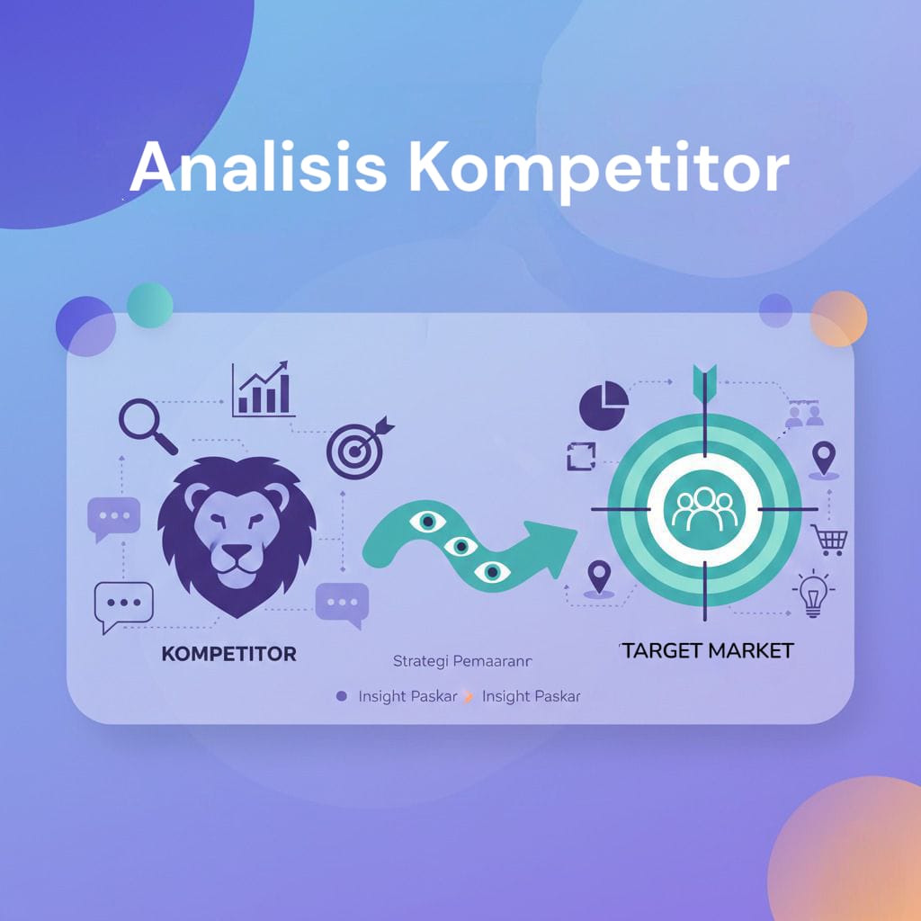 Infografis analisis kompetitor yang digambarkan dengan ikon singa, menuju penemuan target pasar yang diwakili oleh ikon sasaran dan kelompok orang