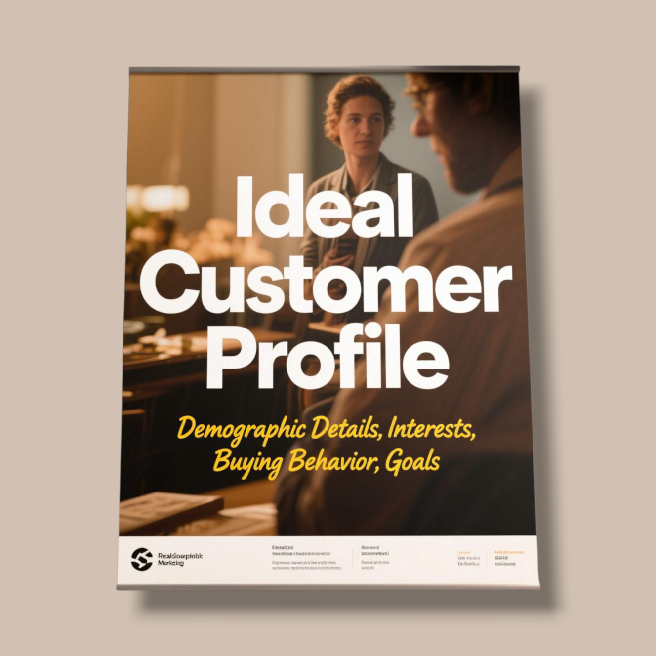 Poster atau banner tentang Ideal Customer Profile (Buyer Persona) yang mencantumkan detail demografi, minat, perilaku pembelian, dan tujuan