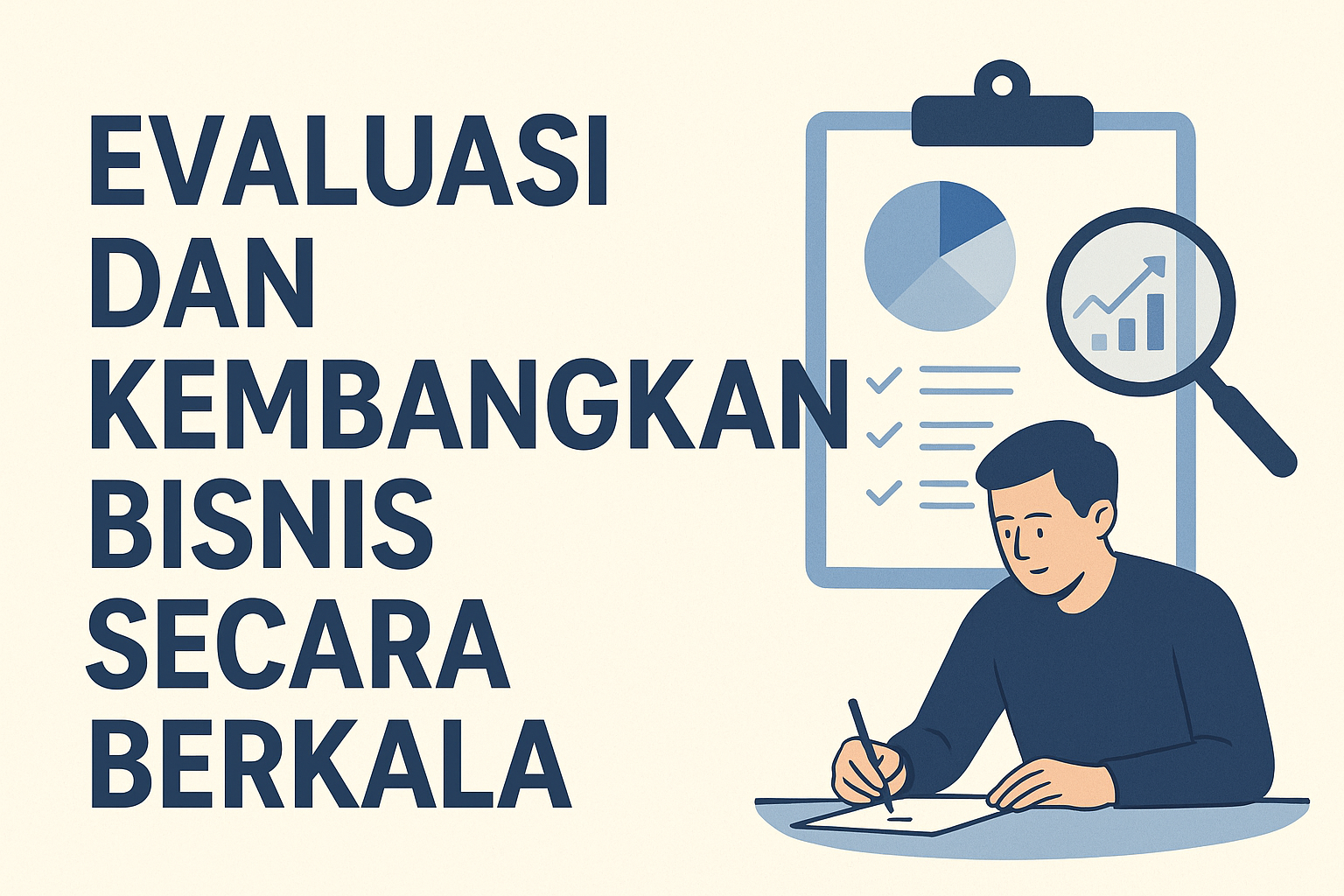 Ilustrasi evaluasi bisnis dengan clipboard berisi grafik, kaca pembesar, dan seorang pria yang mencatat untuk menggambarkan pentingnya mengevaluasi dan mengembangkan bisnis secara berkala