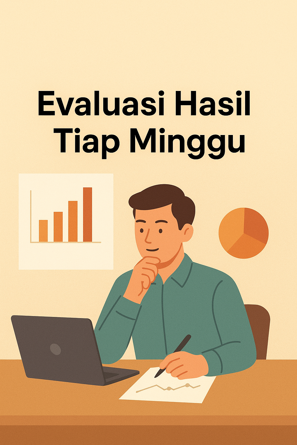 Ilustrasi seorang pria menganalisis grafik mingguan di depan laptop untuk melakukan evaluasi hasil tiap minggu