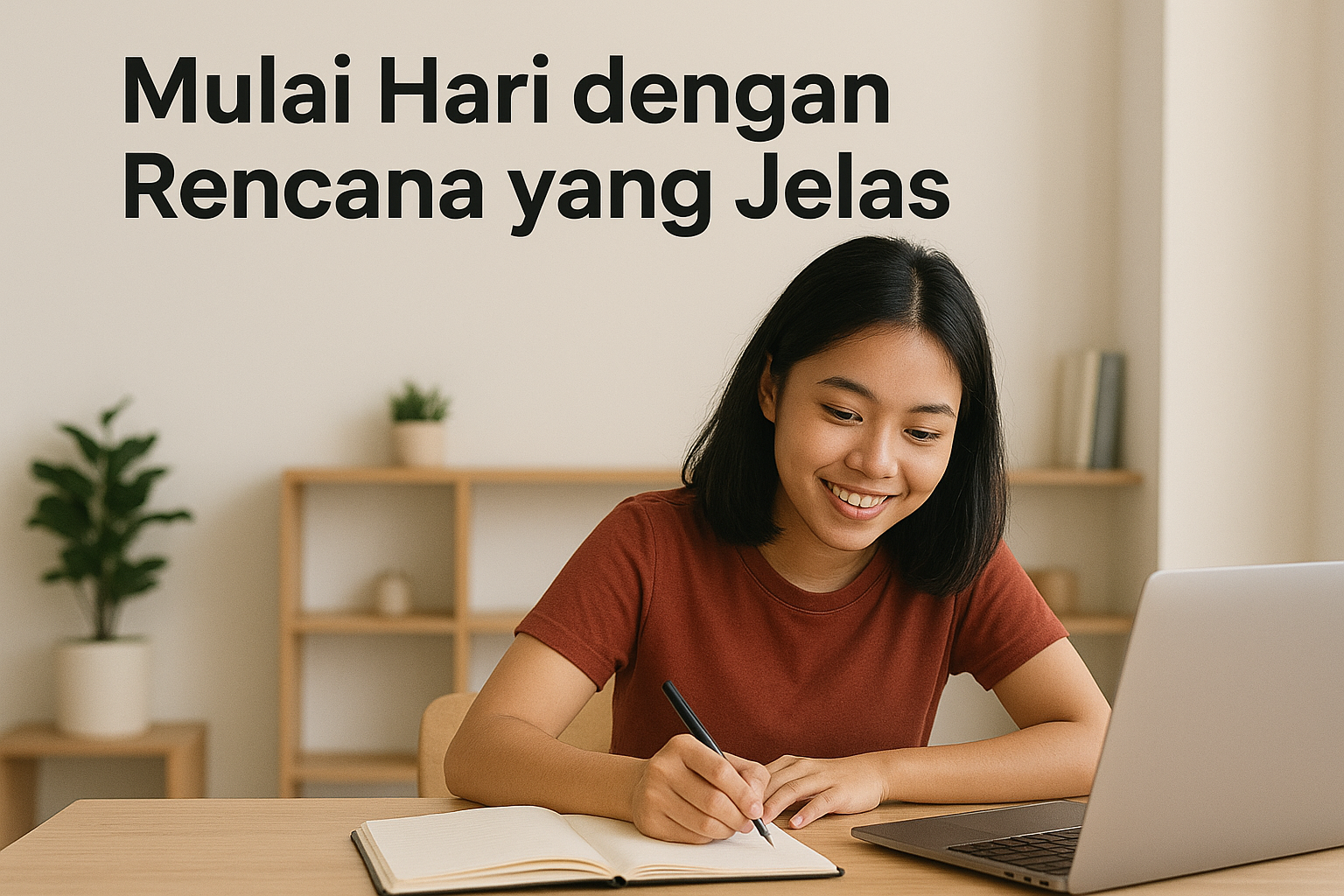 seorang wanita bersemangat mengerjakan rencana kerja hari ini