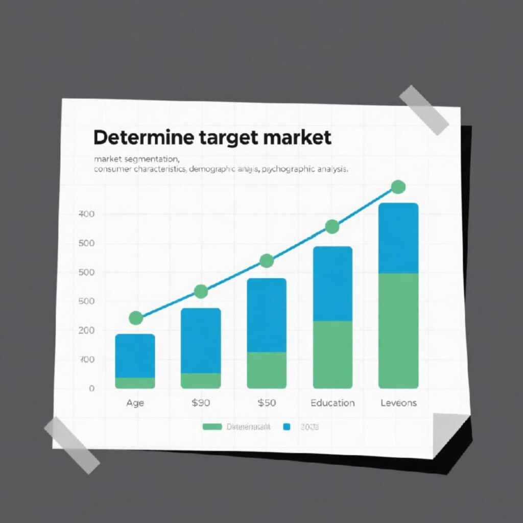 Grafik menunjukkan cara menentukan target pasar, mencakup segmentasi, analisis demografis, dan faktor seperti usia, pendidikan, dan tingkat pendapatan