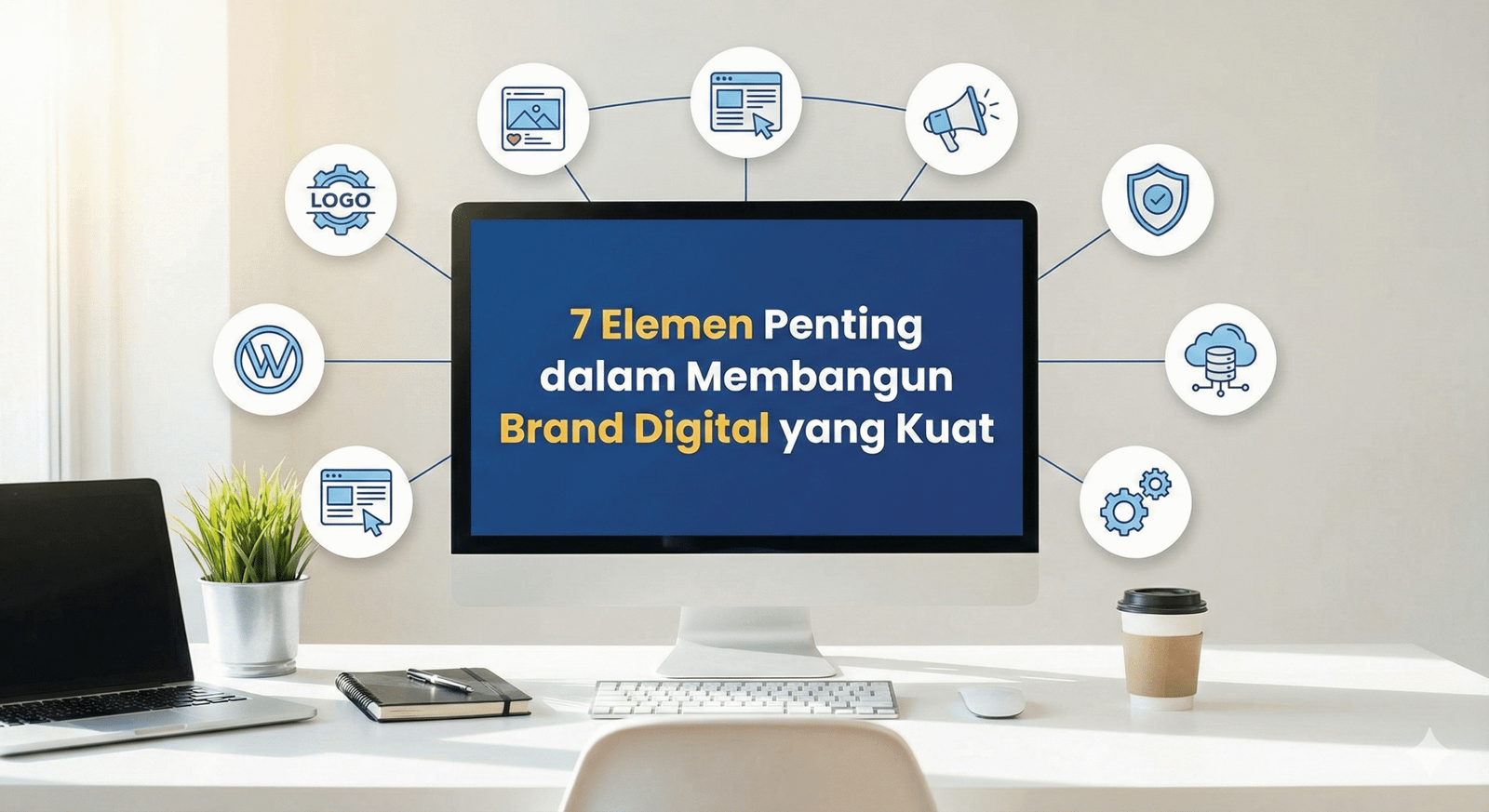 Ilustrasi monitor komputer di meja kerja yang menampilkan judul artikel '7 Elemen Penting dalam Membangun Brand Digital yang Kuat' pada layar. Di sekeliling monitor, terdapat delapan ikon lingkaran yang saling terhubung, mewakili berbagai aspek digital branding: logo, website, media sosial, iklan, keamanan siber, penyimpanan awan, pengaturan teknis, dan konsistensi konten