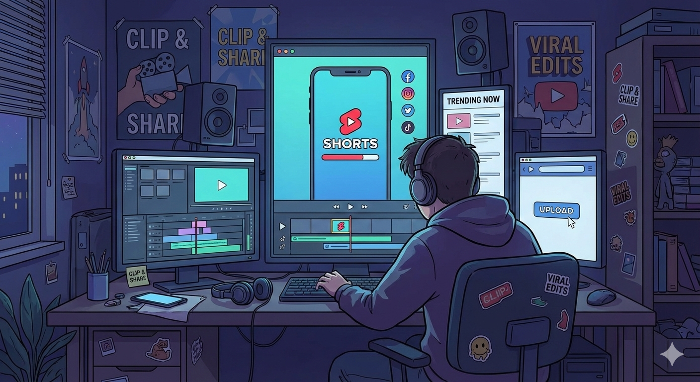 Ilustrasi clipper konten digital yang mengedit video pendek untuk chanel shorts di platform media sosial