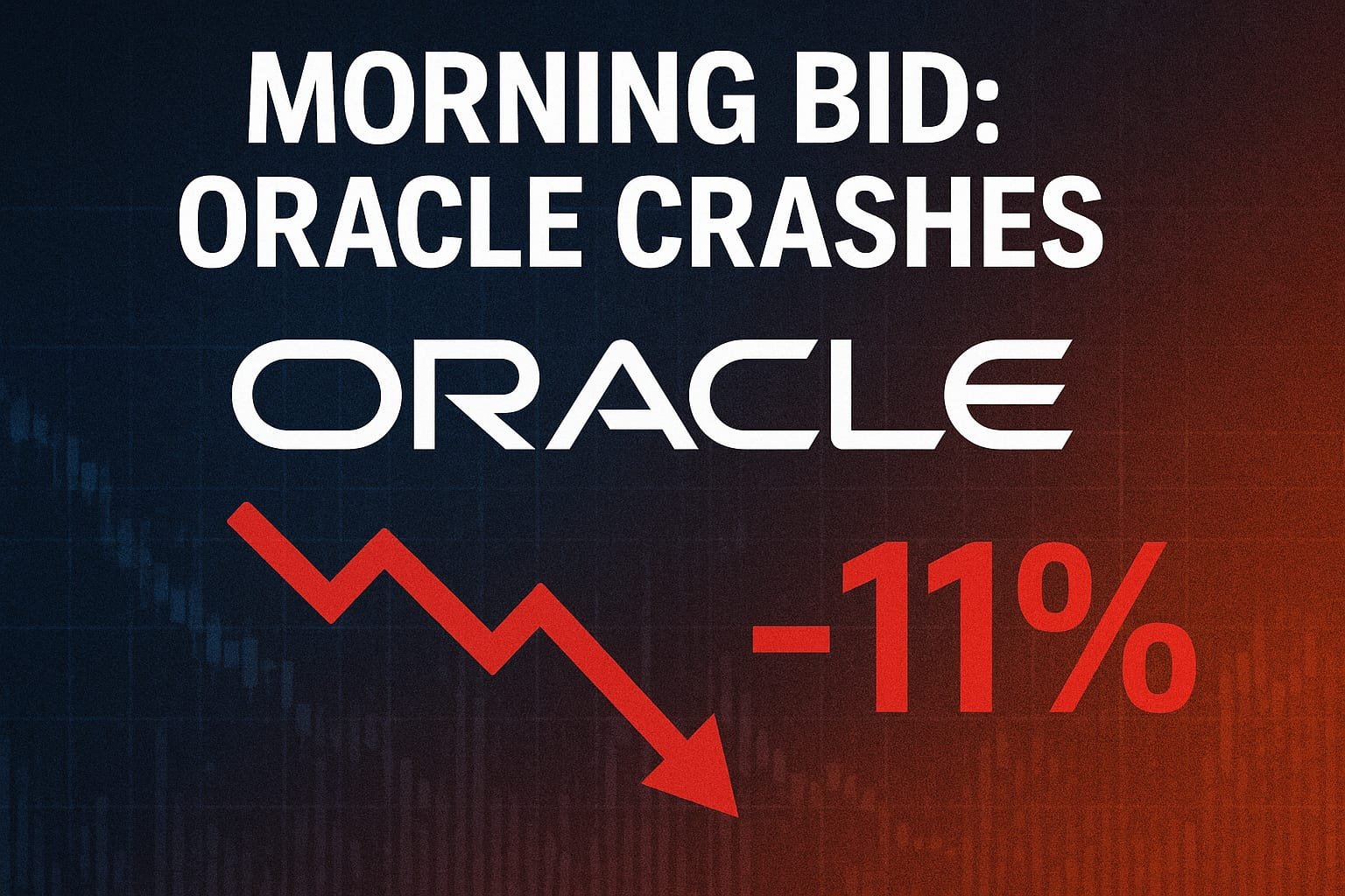 Morning Bid: Oracle Crashes’, logo Oracle, grafik saham menurun dengan panah merah, dan angka penurunan -11% berlatar nuansa gelap pasar keuangan