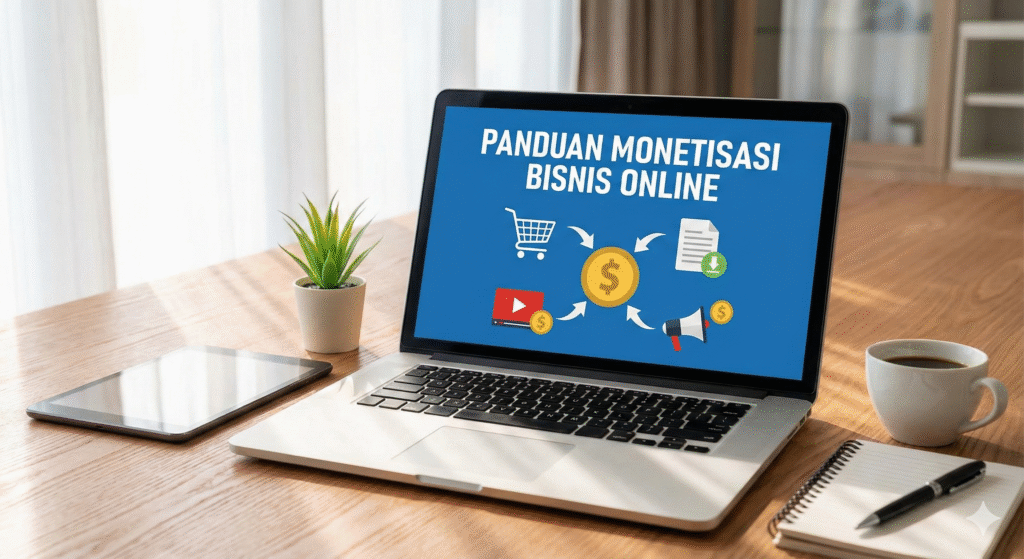 Sebuah laptop perak terbuka di atas meja kayu, menampilkan layar biru dengan judul 'PANDUAN MONETISASI BISNIS ONLINE' di bagian atas. Di bawah judul, terdapat diagram alur dengan ikon keranjang belanja, pemutar video, dokumen unduhan, dan megafon, semuanya mengarah ke simbol dolar di tengah. Di sekitar laptop terdapat tablet, pot tanaman kecil, cangkir kopi putih, dan buku catatan dengan pena. Latar belakangnya adalah ruang kerja yang terang dengan jendela dan tirai