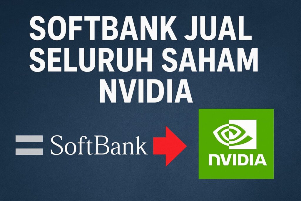 Thumbnail berisi teks ‘SoftBank Jual Seluruh Saham Nvidia’ dengan logo SoftBank di kiri, panah merah di tengah, dan logo Nvidia di kanan, berlatar belakang biru gelap