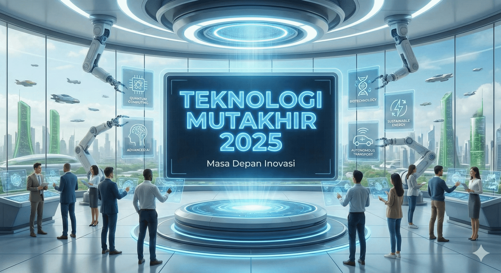 Ilustrasi futuristik di dalam laboratorium inovasi dengan sekelompok orang profesional beragam yang berdiri di sekitar layar besar bercahaya. Layar utama di tengah menampilkan teks 'TEKNOLOGI MUTAKHIR 2025' dan subtitle 'Masa Depan Inovasi' dalam huruf biru bercahaya. Di sekeliling layar utama, terdapat panel data transparan dengan ikon dan teks yang bertuliskan 'ADVANCED AI', 'BIOTECHNOLOGY', 'SUSTAINABLE ENERGY', dan 'AUTONOMOUS TRANSPORT'. Latar belakangnya adalah jendela besar yang menghadap kota modern dengan kendaraan terbang