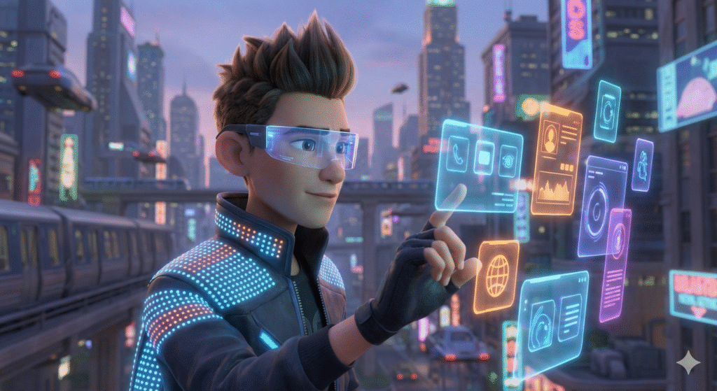 Karakter animasi 3D bergaya film Hollywood yang menampilkan seorang remaja modern mengenakan kacamata AR (Augmented Reality) bercahaya. Ia sedang menyentuh antarmuka digital dan ikon warna-warni yang melayang di udara, dengan latar belakang kota masa depan yang buram dan dihiasi lampu neon