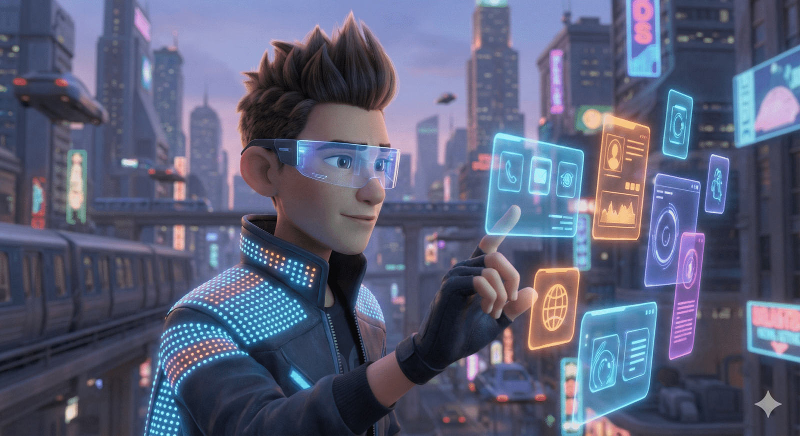 Karakter animasi 3D bergaya film Hollywood yang menampilkan seorang remaja modern mengenakan kacamata AR (Augmented Reality) bercahaya. Ia sedang menyentuh antarmuka digital dan ikon warna-warni yang melayang di udara, dengan latar belakang kota masa depan yang buram dan dihiasi lampu neon