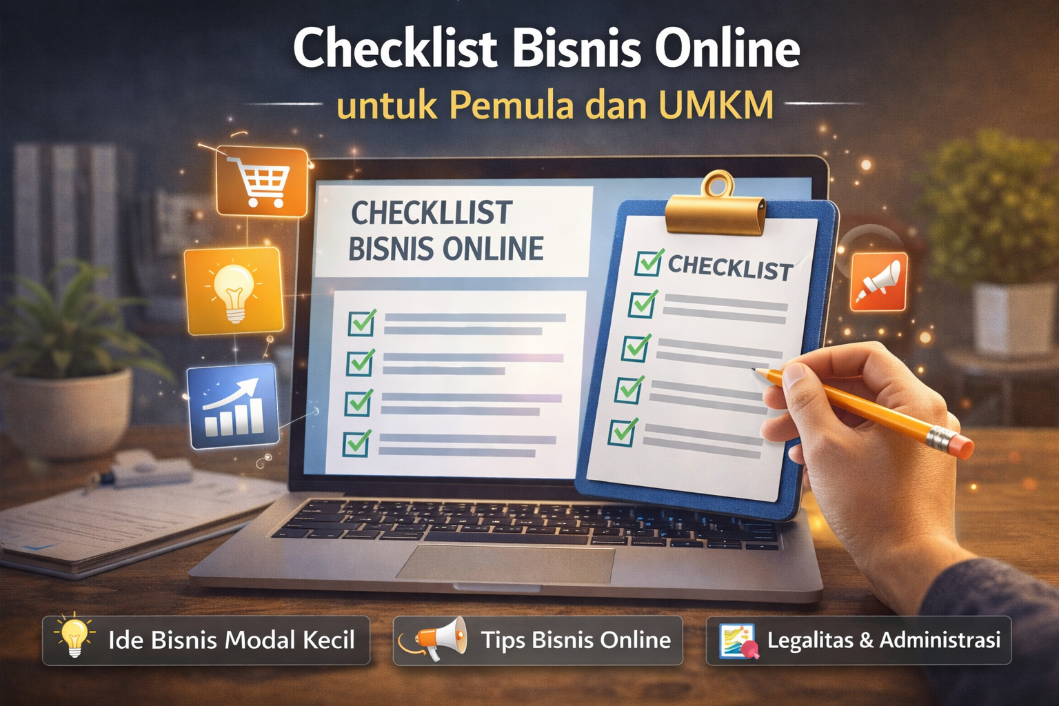 Ilustrasi checklist bisnis online di laptop dengan ikon e-commerce dan pemasaran digital
