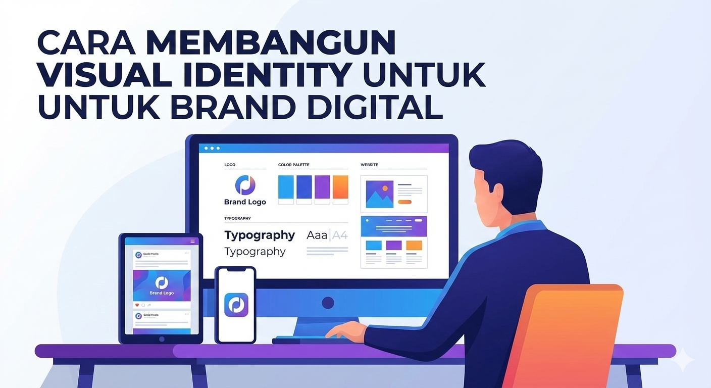 Ilustrasi futuristik bertema branding digital yang menampilkan visualisasi otak manusia terhubung dengan sirkuit teknologi, ikon suara (voice), emosi (tone), dan inovasi, dilengkapi teks 'Cara Menentukan Kepribadian Brand yang Konsisten
