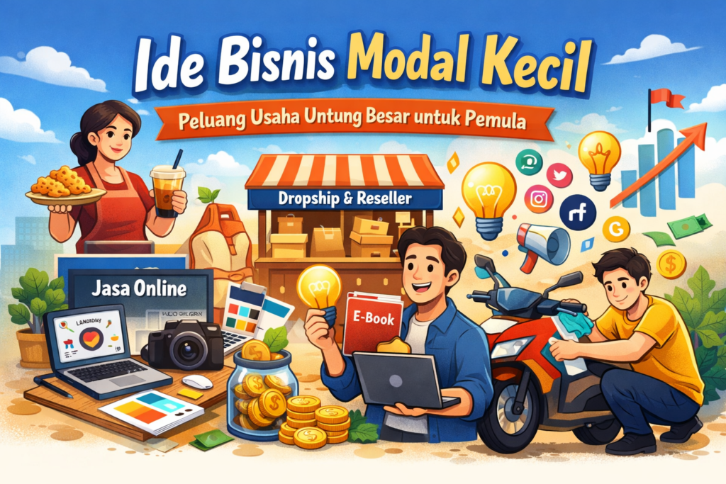 Poster digital dengan judul 'Ide Bisnis Modal Kecil: Peluang Usaha Untung Besar untuk Pemula'. Ilustrasi mencakup sektor makanan, toko dropship, jasa desain grafis (jasa online), penjualan e-book, serta jasa pembersihan kendaraan, lengkap dengan ikon media sosial dan grafik keuntungan yang meningkat