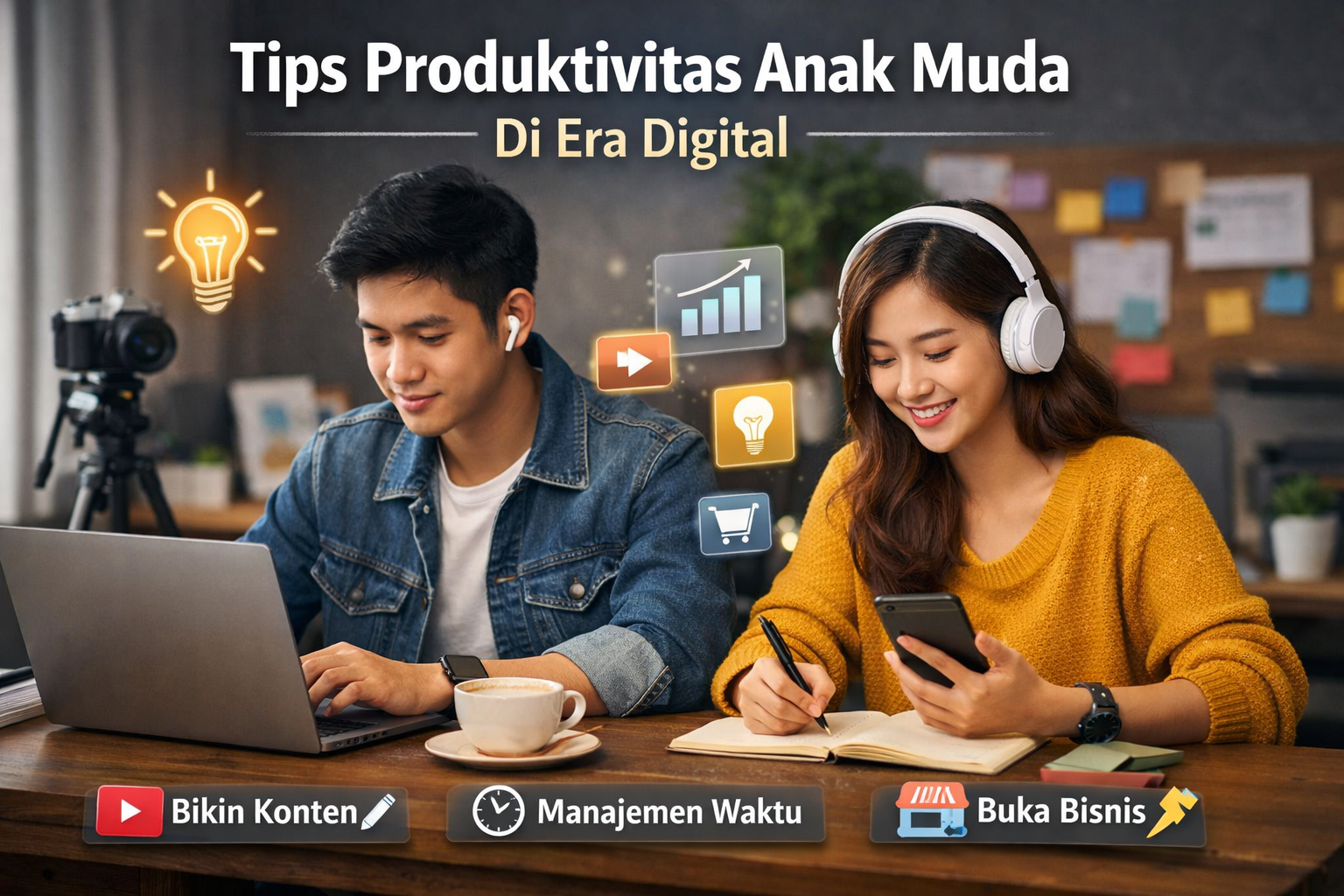 Anak muda bekerja produktif menggunakan laptop dan smartphone di era digital
