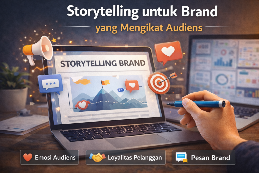 Ilustrasi storytelling brand sebagai strategi komunikasi untuk membangun emosi dan keterlibatan audiens