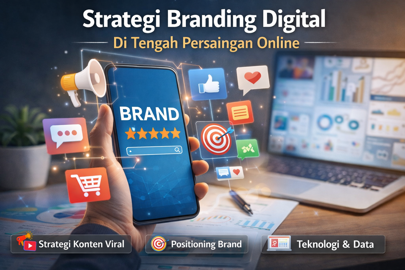 Ilustrasi strategi branding digital melalui media sosial dan platform online