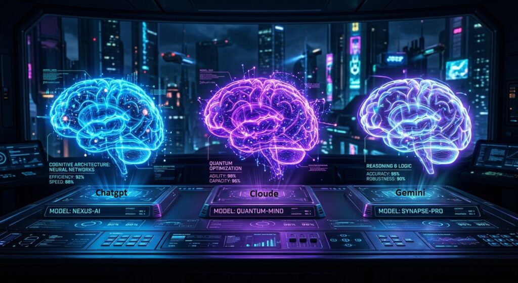 Ilustrasi futuristik tiga hologram otak AI yang bersinar terang berjajar di atas dasbor digital berteknologi tinggi, menampilkan estetika cyberpunk dengan warna neon biru dan ungu, merepresentasikan perbandingan model kecerdasan buatan ChatGPT, Claude, dan Gemini di tahun 2026
