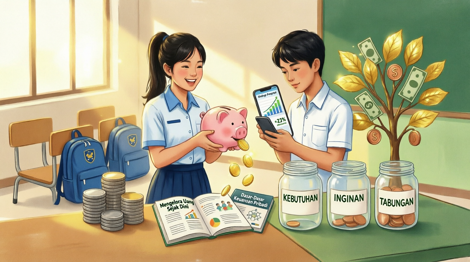 pelajar belajar mengelola keuangan dengan aplikasi budgeting
